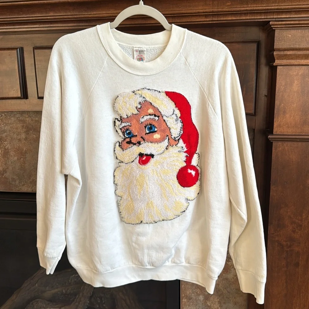 Vintage rare USA made white sweatshirt raised Santa 3D tufted rug graphic XL